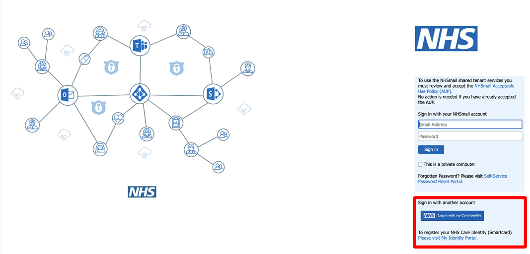 Logging in to NHSmail using your NHS Smartcard. Just click the 'log in with my Care identity' button.